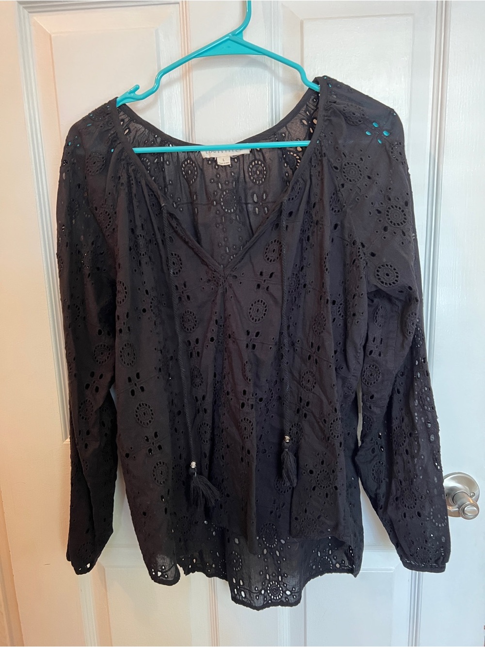 lovestitch Black Eyelet Peasant Tunic with Tassel Ties 100% Cotton